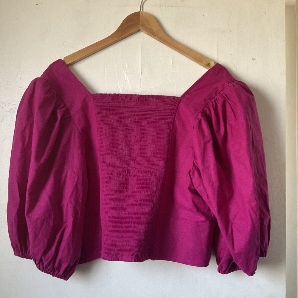 EXPRESS NWT Balloon Sleeve Blouse Fuchsia Women‎ Linen Blend Barbie XL MSRP $75 - Picture 6 of 6